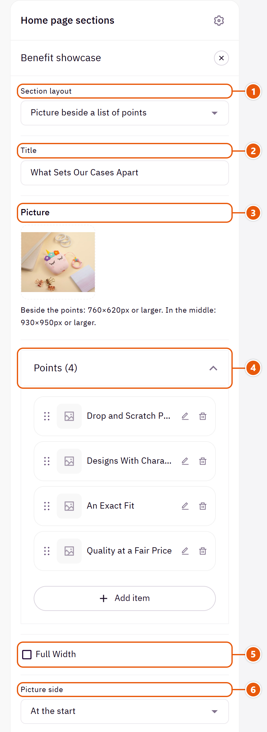 “Benefit showcase” settings in the Zid editor (1 of 3)