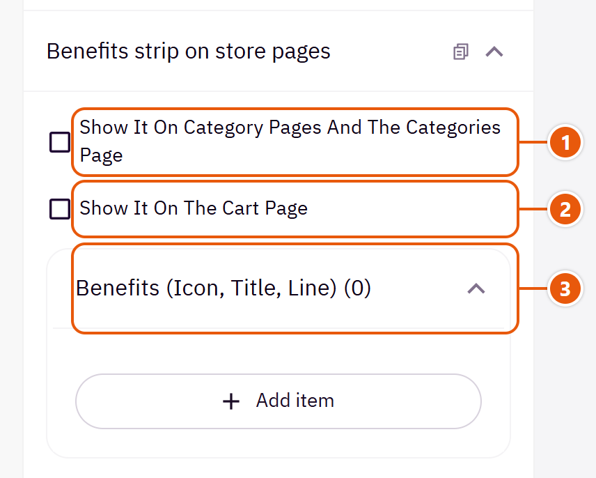 “Benefits strip on store pages” settings in the Zid editor
