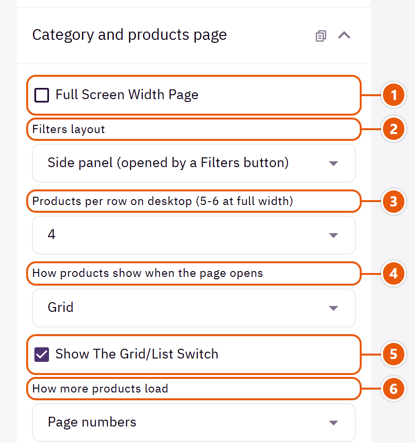 “Category and products page” settings in the Zid editor (1 of 2)