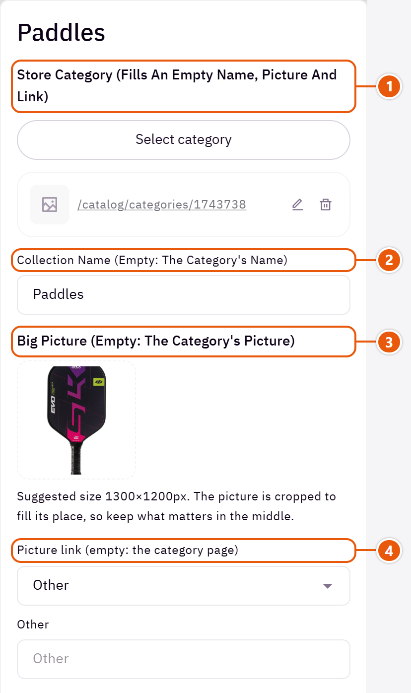 “Collections (empty: the store's first 4 categories)” settings in the Zid editor
