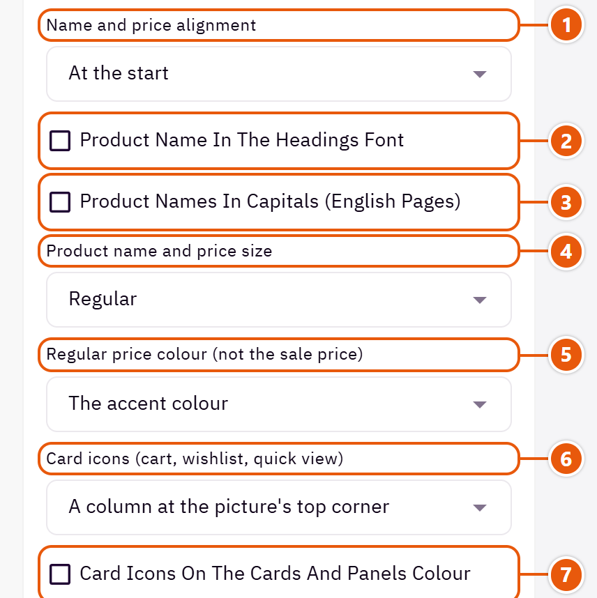 “Product card” settings in the Zid editor (2 of 4)