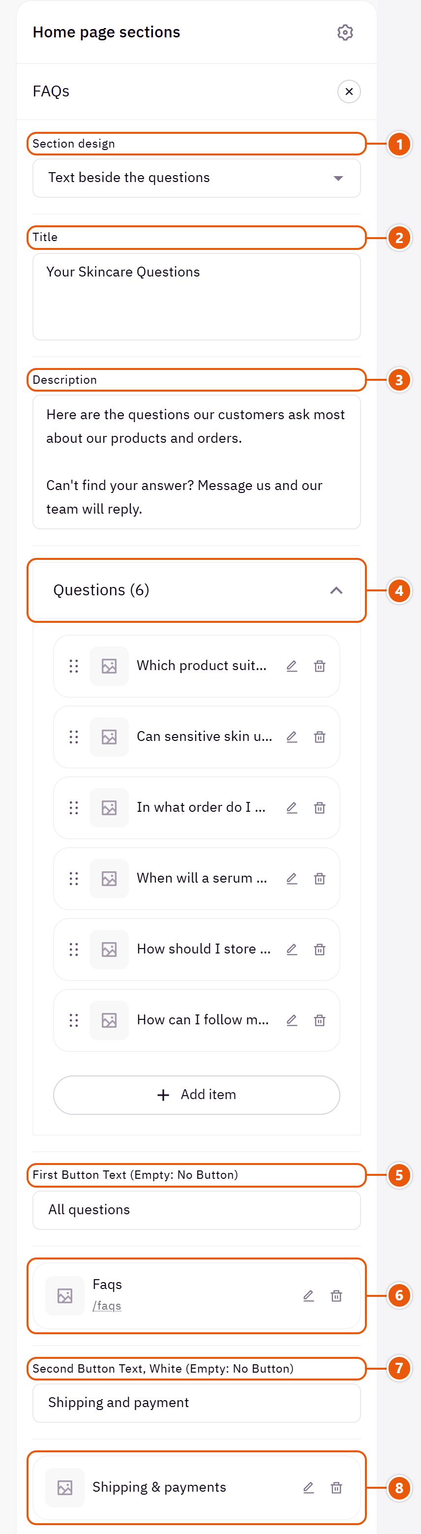 “FAQs” settings in the Zid editor (1 of 3)
