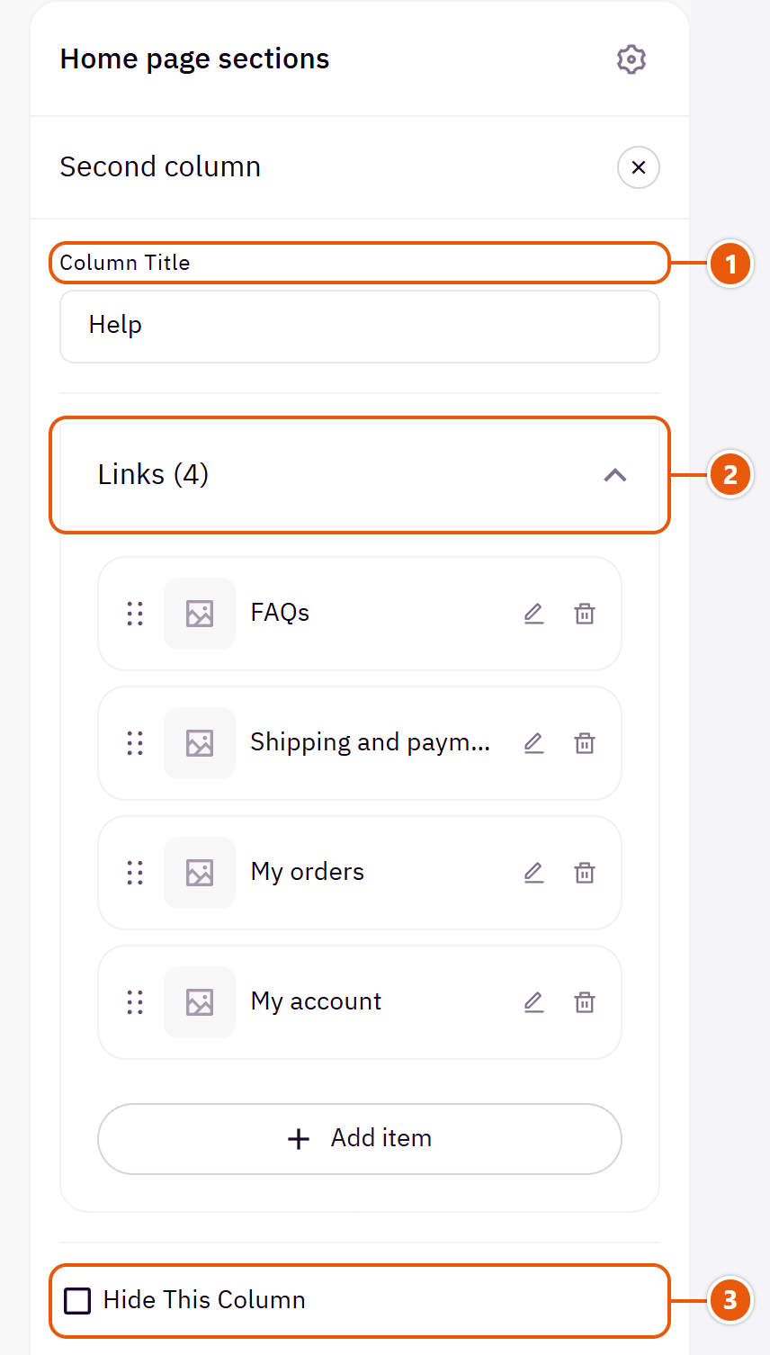 “Second column” settings in the Zid editor