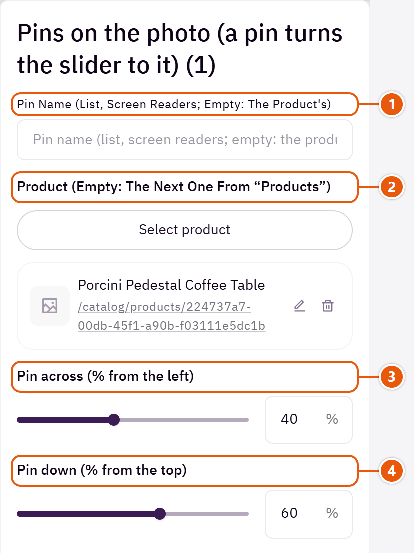 “Pins on the photo (a pin turns the slider to it)” settings in the Zid editor