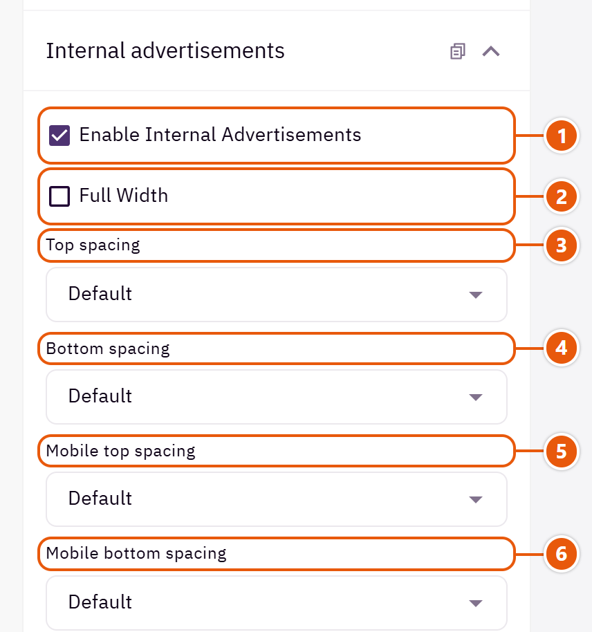 “Internal advertisements” settings in the Zid editor (1 of 3)