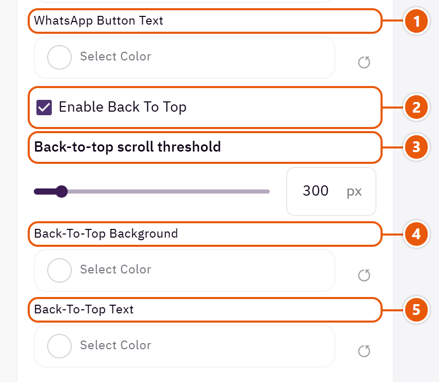 “WhatsApp and back to top” settings in the Zid editor (3 of 3)