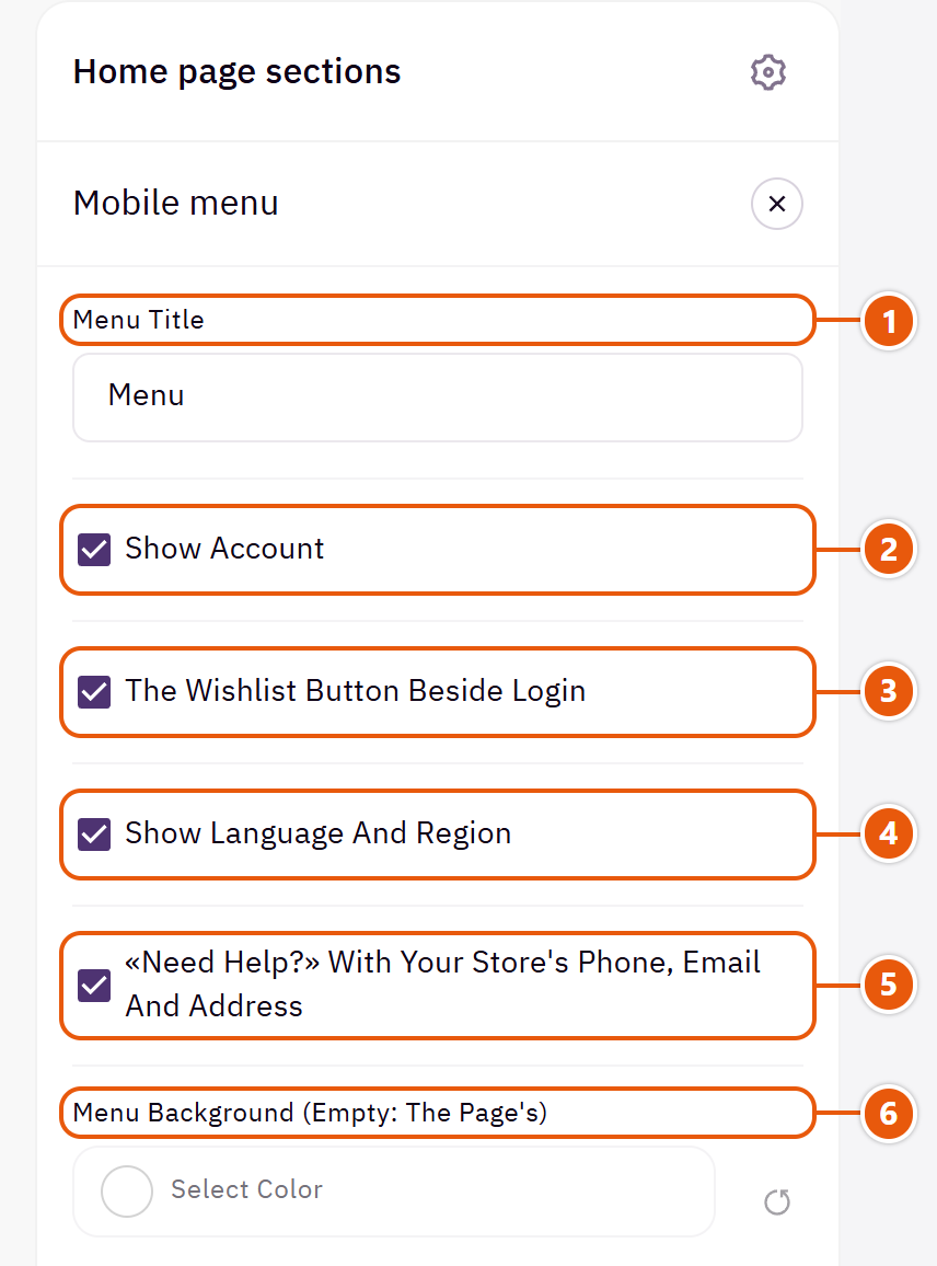 “Mobile menu” settings in the Zid editor (1 of 2)