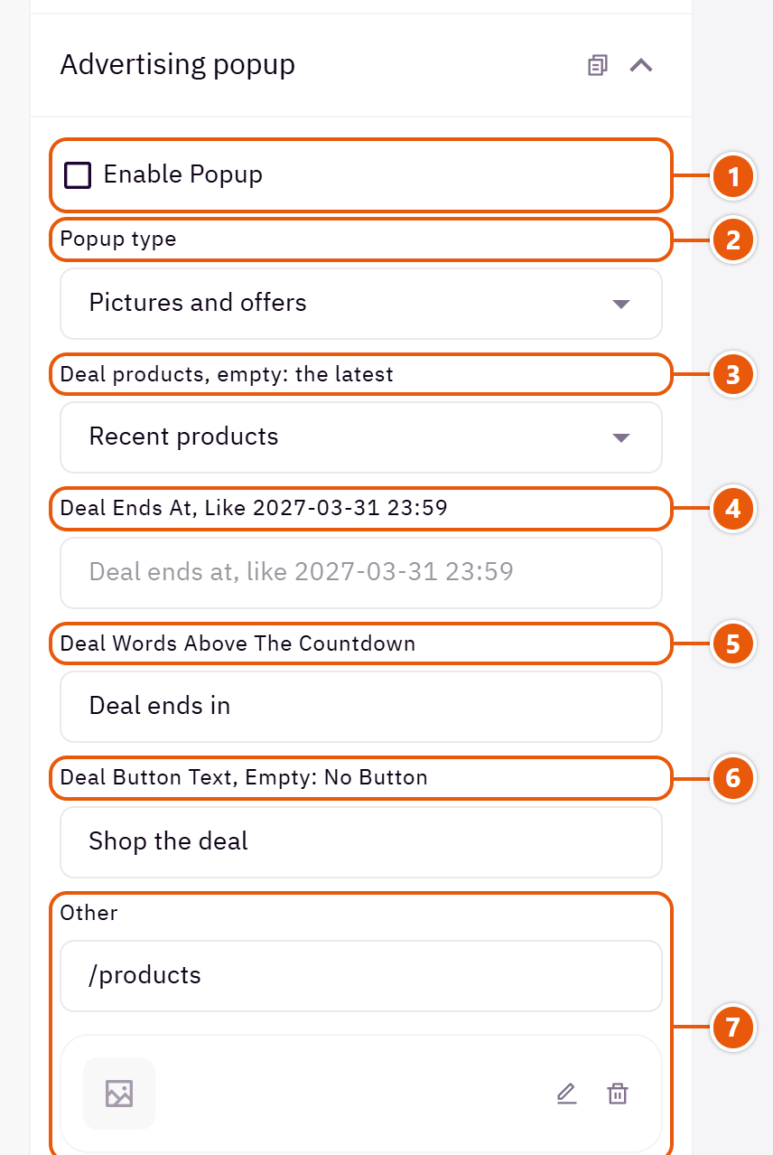 “Advertising popup” settings in the Zid editor (1 of 4)