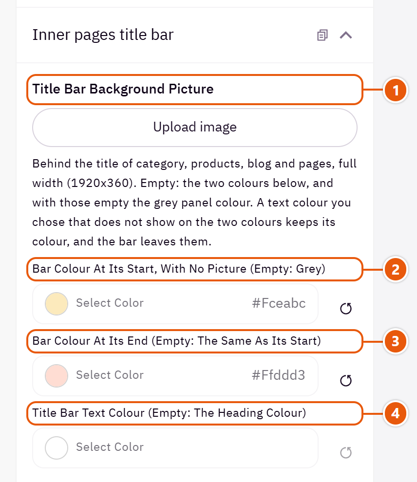 “Inner pages title bar” settings in the Zid editor