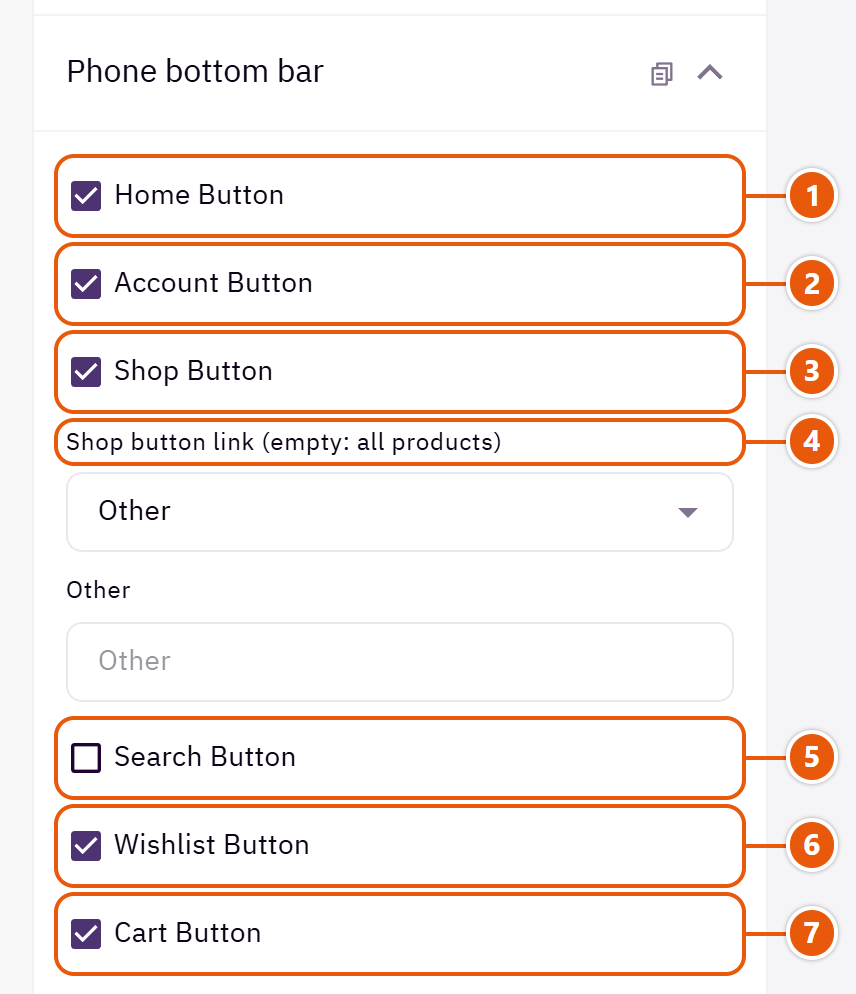 “Phone bottom bar” settings in the Zid editor