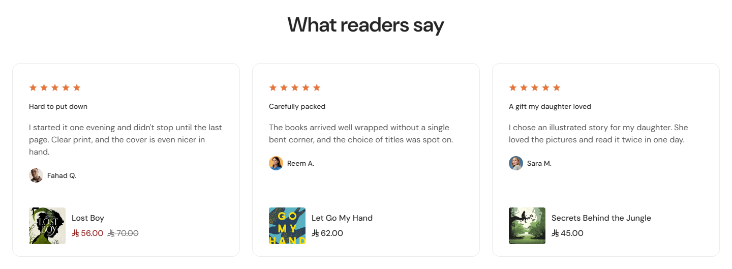 Review cards with a title and product row