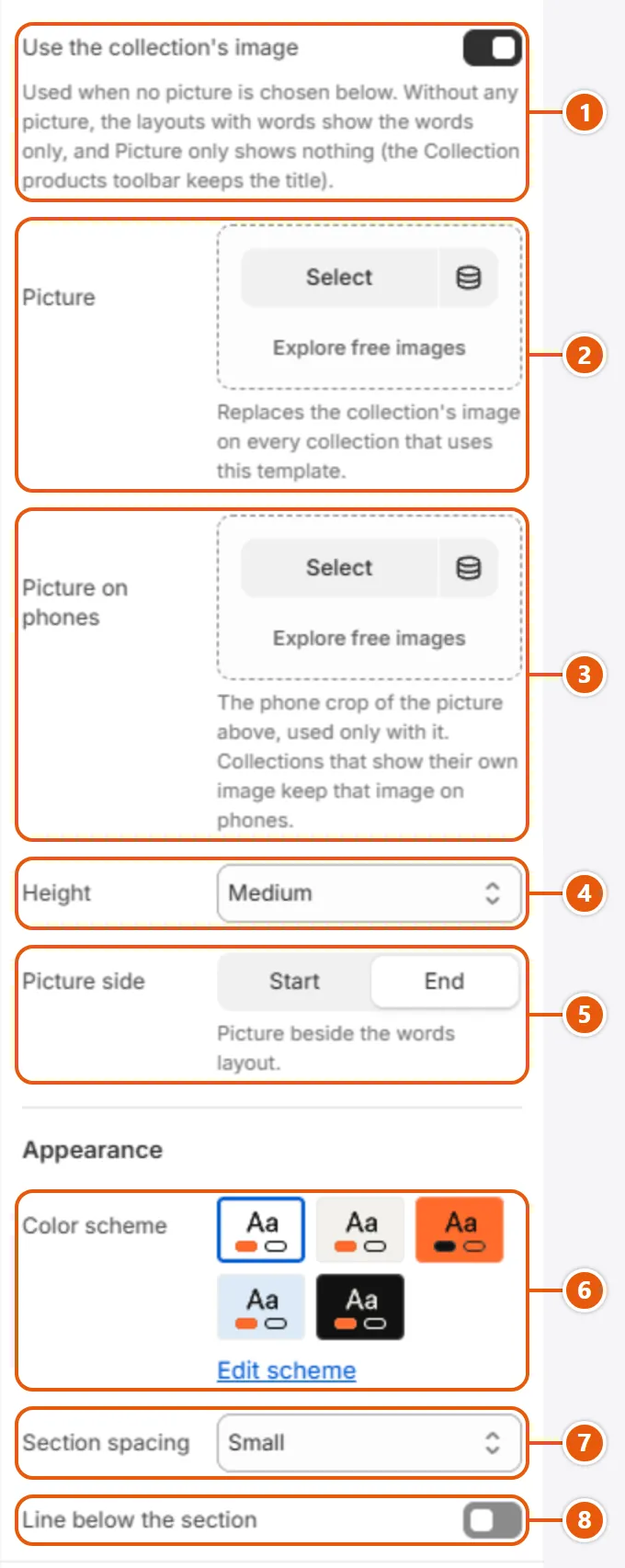 “Collection banner” settings in the Shopify editor (2 of 2)