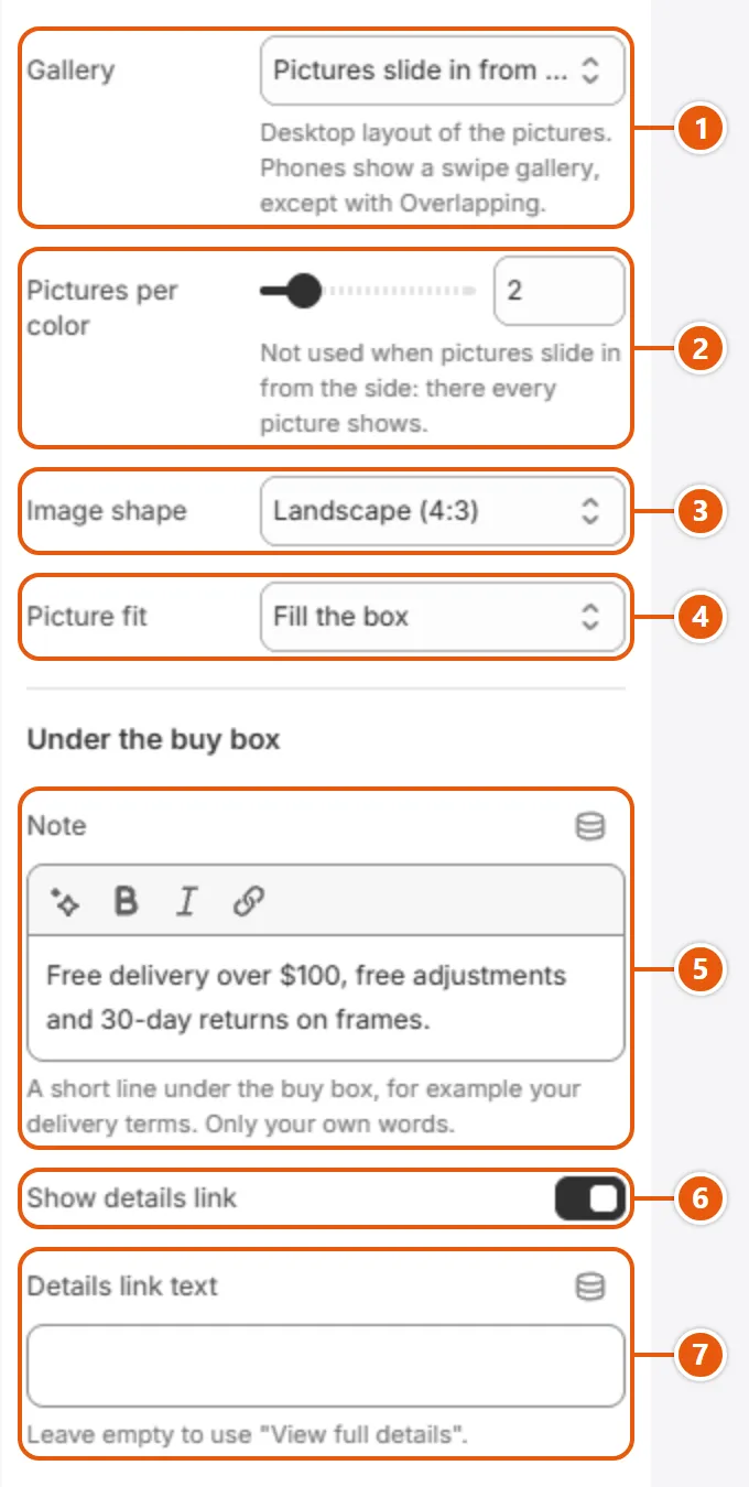“Featured product” settings in the Shopify editor (2 of 3)