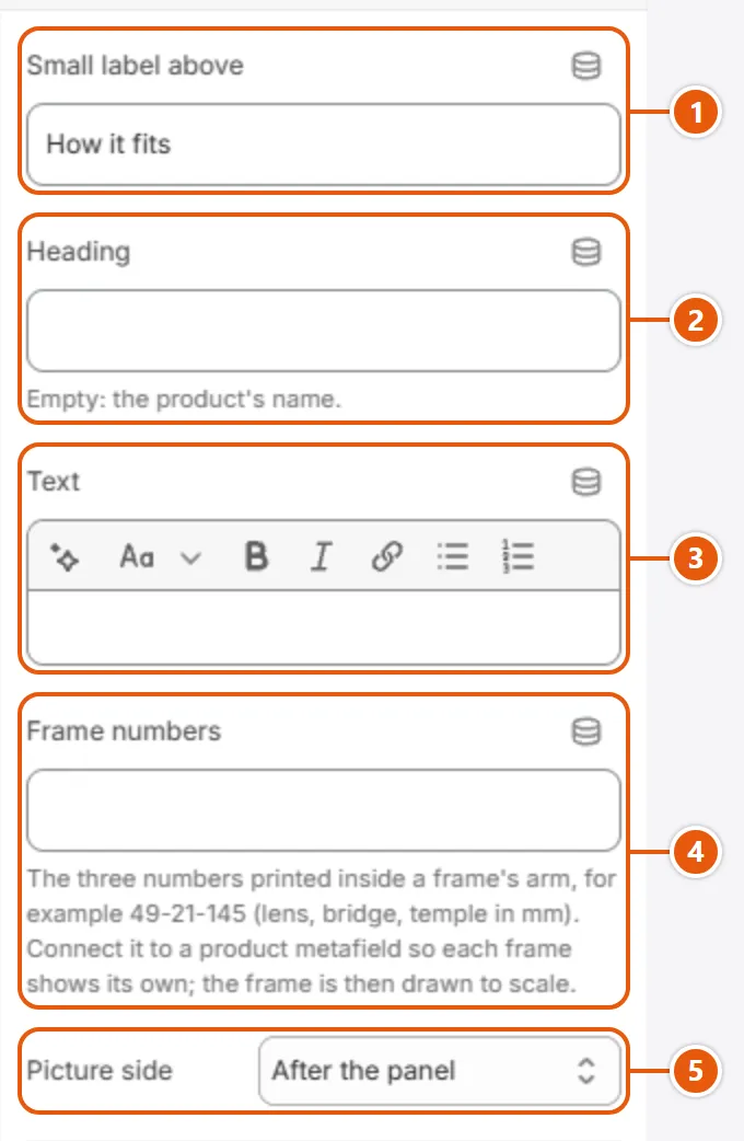 “How it fits” settings in the Shopify editor (1 of 2)