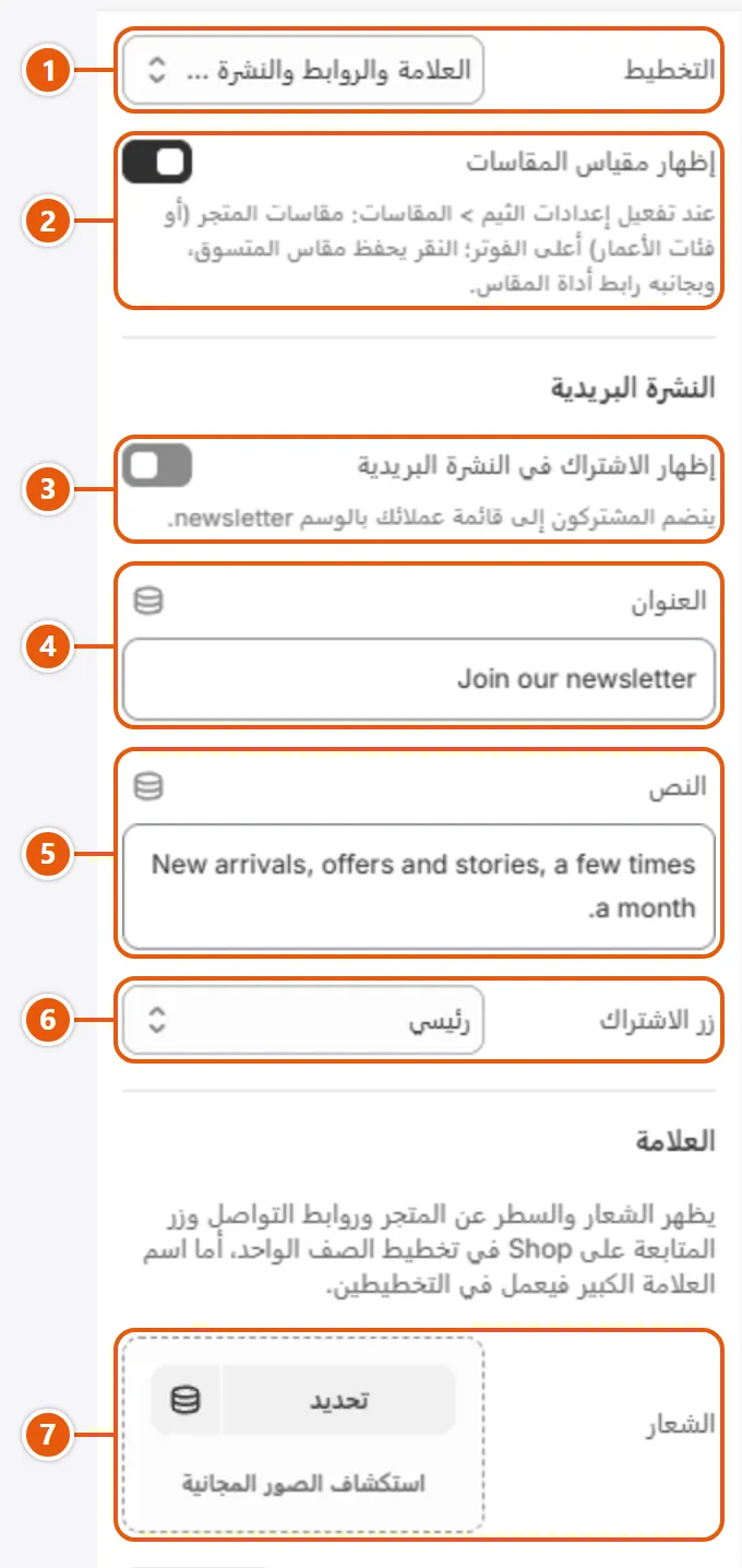إعدادات «تذييل الصفحة» في محرر شوبيفاي (1 من 4)