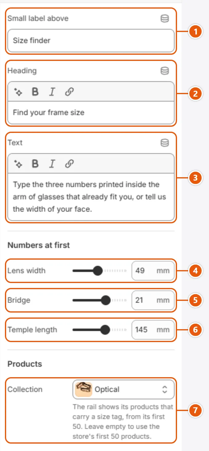 “Frame size finder” settings in the Shopify editor (1 of 2)