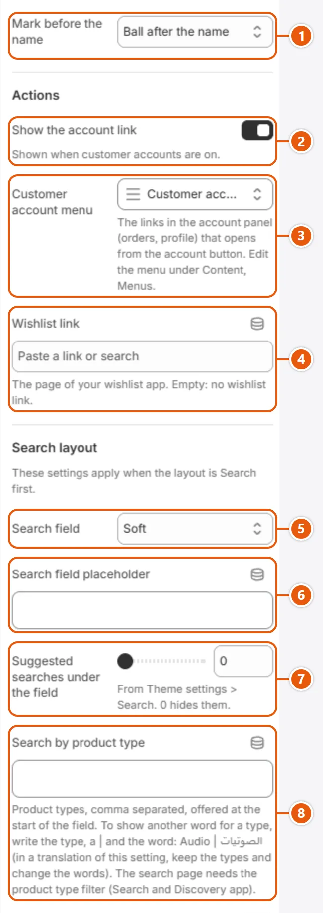 “Header” settings in the Shopify editor (3 of 5)