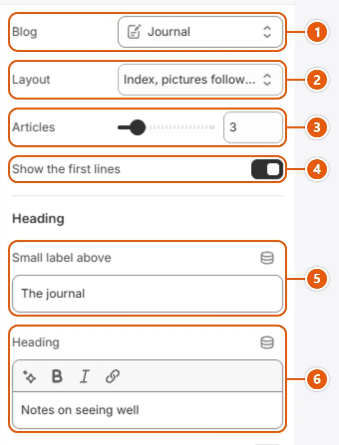 “Blog posts” settings in the Shopify editor (1 of 2)