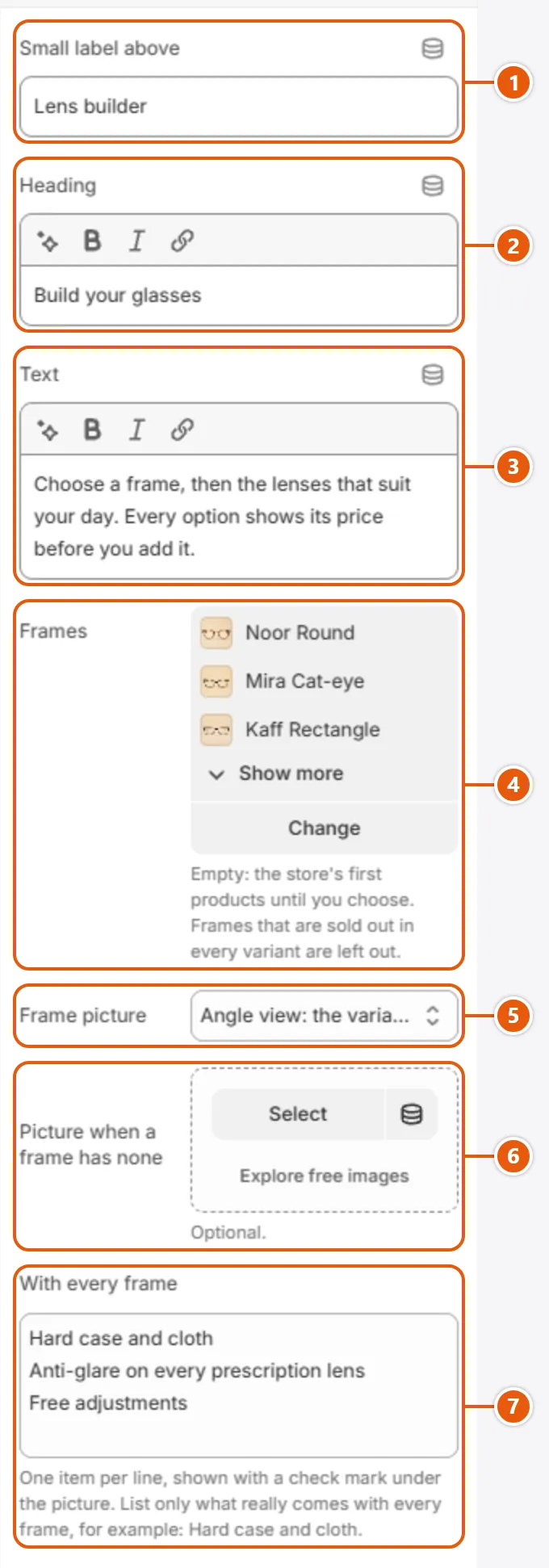 “Lens builder” settings in the Shopify editor (1 of 2)