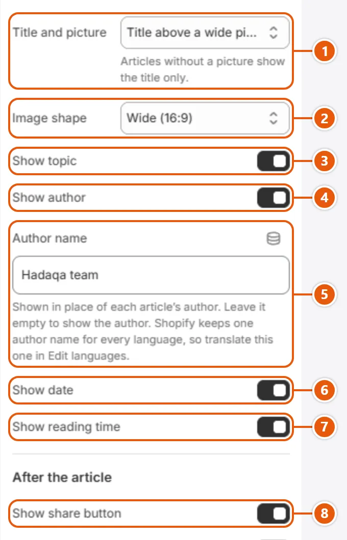 “Article” settings in the Shopify editor (1 of 2)