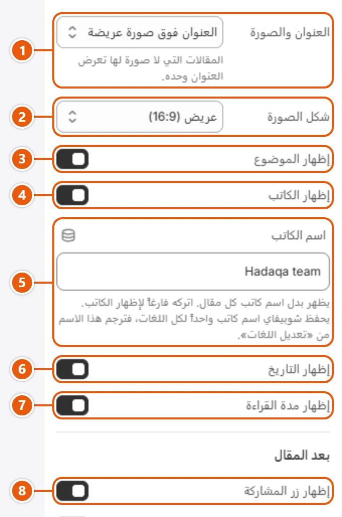إعدادات «المقال» في محرر شوبيفاي (1 من 2)