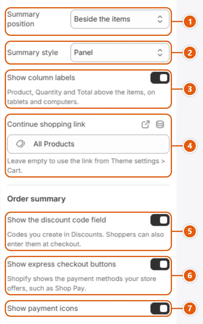 “Cart” settings in the Shopify editor (1 of 2)