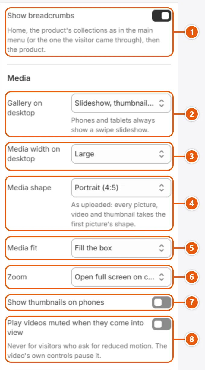 “Product information” settings in the Shopify editor (1 of 2)