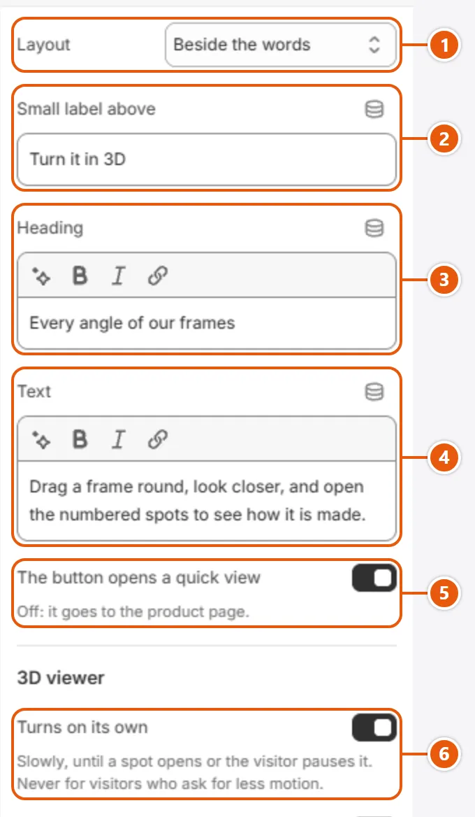 “3D product” settings in the Shopify editor (1 of 3)
