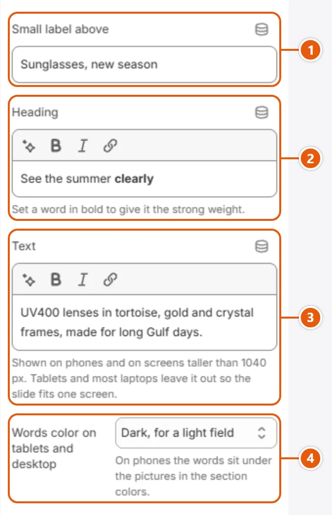 “Slide” settings in the Shopify editor (3 of 3)