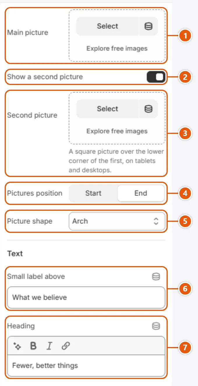 “Brand story” settings in the Shopify editor (1 of 2)