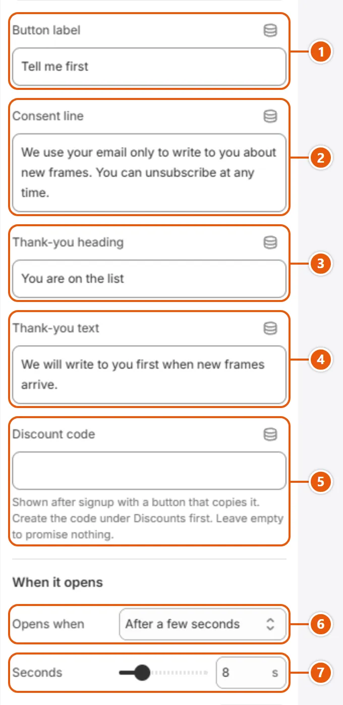 “Welcome window” settings in the Shopify editor (2 of 3)